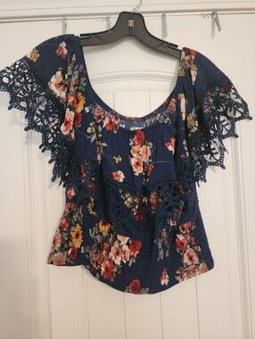 Haute Project LA Navy Floral Lace Off-Shoulder Top Smocked Bottom XL Feminine